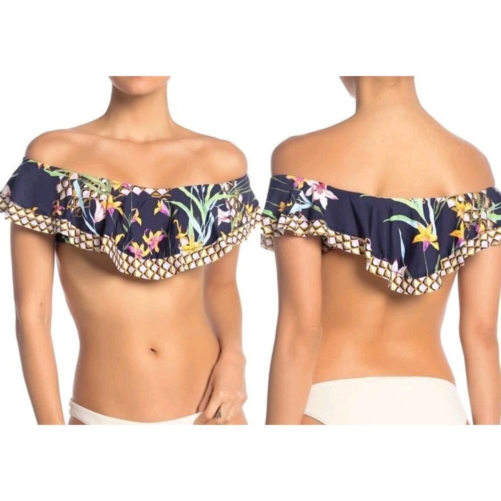 Trina Turk Off Shoulder Bandeau Bikini Ruffle Swimsuit Top 4 Fiji Tropical NEW